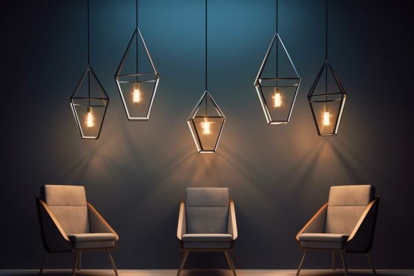 a few hanging lamps in the middle of an empty room with a chair, in the style of multifaceted geometry, sleek and stylized, subtle lighting, accurate and detailed, angular simplicity, sleek, serene mood --v 5.2 Job ID: a4130fc6-f7a6-4c31-b1ab-cd3dcac097ce